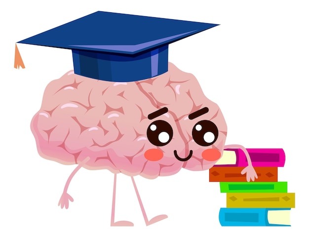 Mascota del cerebro inteligente con sombrero de soltero con una pila de libros