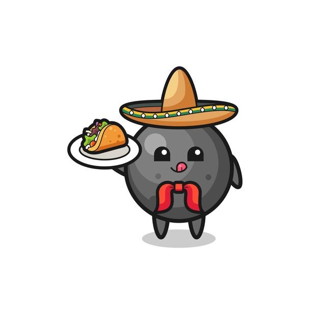 La mascota del chef mexicano cannon ball sosteniendo un taco