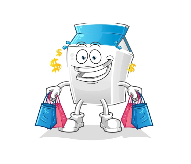 Mascota de compra de leche. vector de dibujos animados