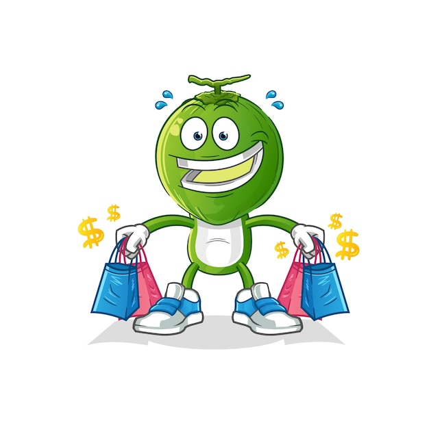 mascota de compras de dibujos animados de cabeza de coco verde. vector de dibujos animados