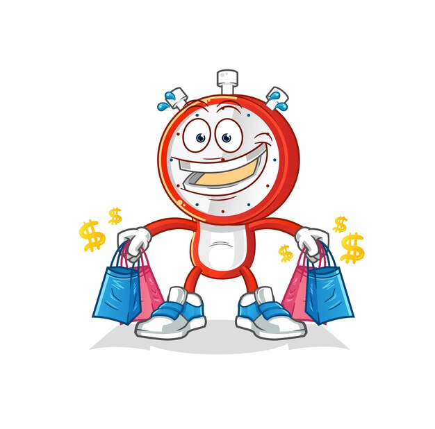 mascota de compras de dibujos animados de cabeza de despertador. vector de dibujos animados