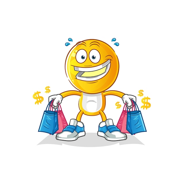 Mascota de compras de dibujos animados de cabeza de emoticono. vector de dibujos animados
