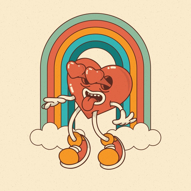 Vector mascota del corazón en estilo retro groovy día de san valentín personaje del corazón vintage nubes de arco iris flecha