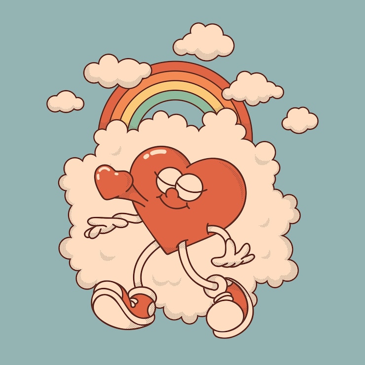 Vector mascota del corazón en estilo retro groovy día de san valentín personaje del corazón vintage nubes de arco iris flecha