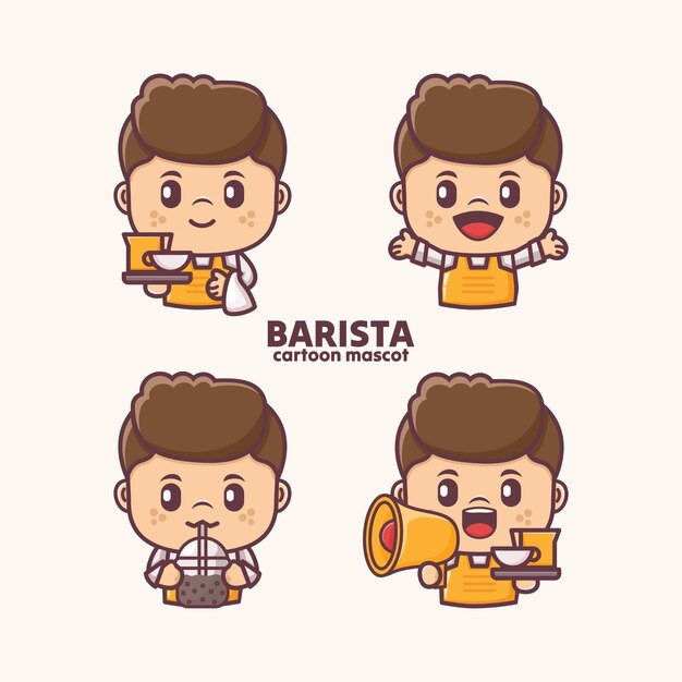 Vector mascota de dibujos animados de barista con diferentes expresiones