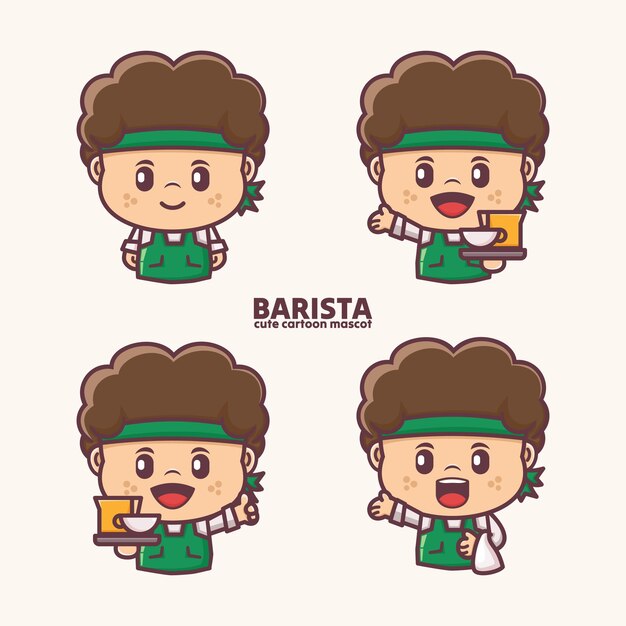 Vector mascota de dibujos animados de barista con diferentes expresiones