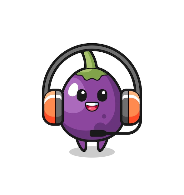 Mascota de dibujos animados de berenjena como servicio al cliente