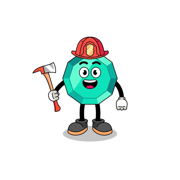 Mascota de dibujos animados de bombero de piedras preciosas esmeralda