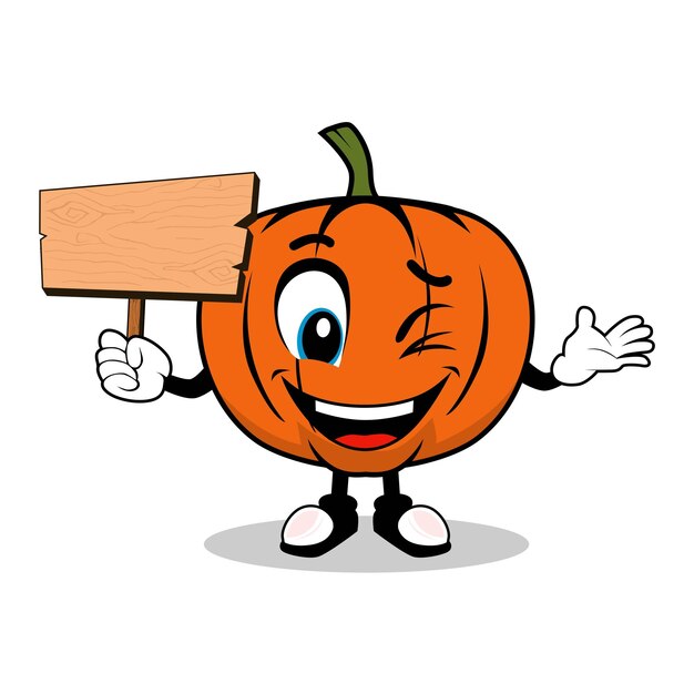 Mascota de dibujos animados de calabaza sonriente sosteniendo un cartel de madera en blanco