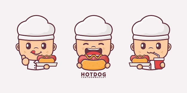 mascota de dibujos animados de chef con ilustraciones vectoriales de perritos calientes con estilo de contorno