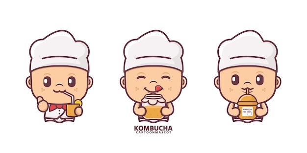 mascota de dibujos animados de chef con kombucha