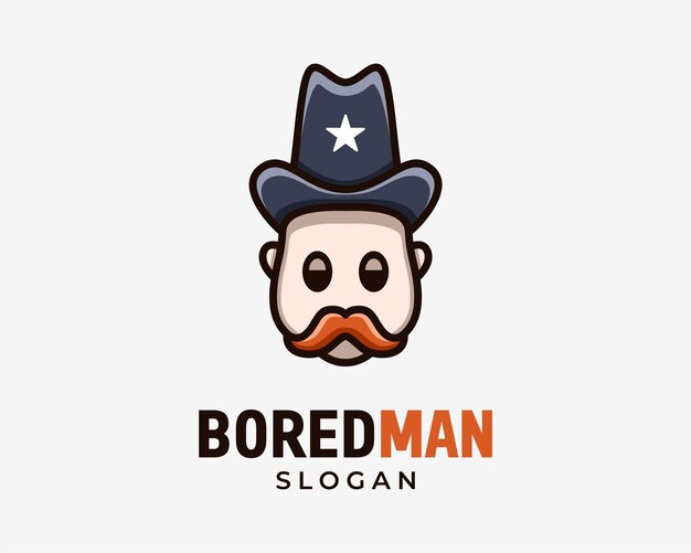 Mascota de dibujos animados Divertido anciano Bigote Guy Western Sheriff Texas Aburrido Cansado Lazy Vector Logo Design