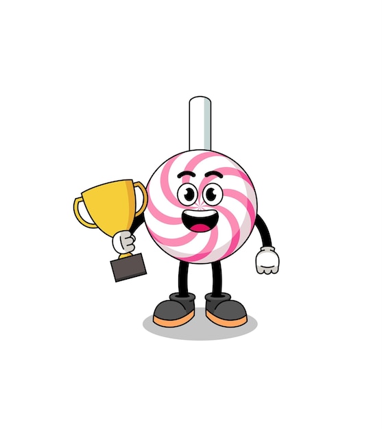 Mascota de dibujos animados de espiral de piruleta sosteniendo un trofeo