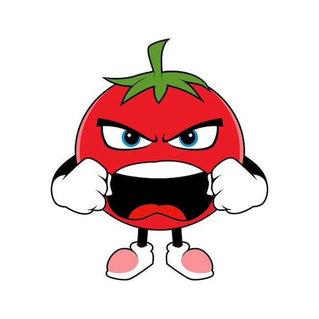 Mascota de dibujos animados de frutas de tomate con cara enojada Ilustración vectorial del personaje de tomate rojo