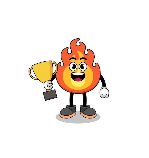 Mascota de dibujos animados de fuego sosteniendo un trofeo