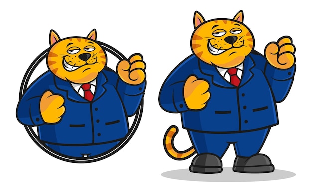 Mascota de dibujos animados de gato gordo con un vector de traje azul