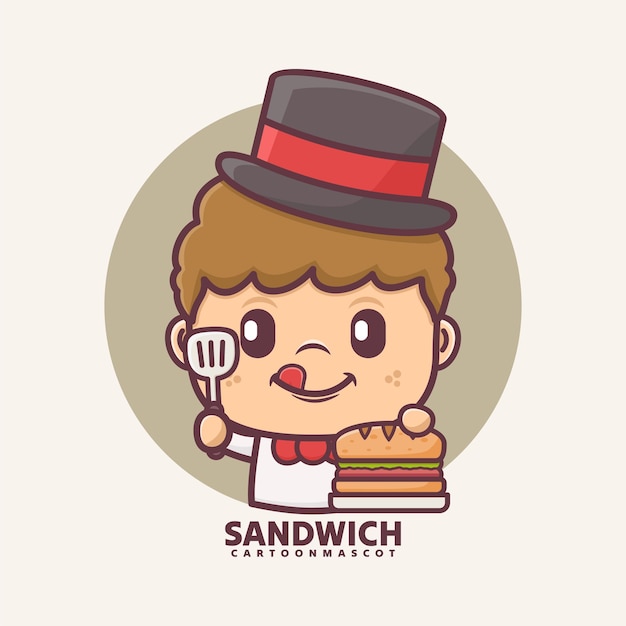 mascota de dibujos animados con ilustraciones vectoriales de sándwich con estilo de contorno