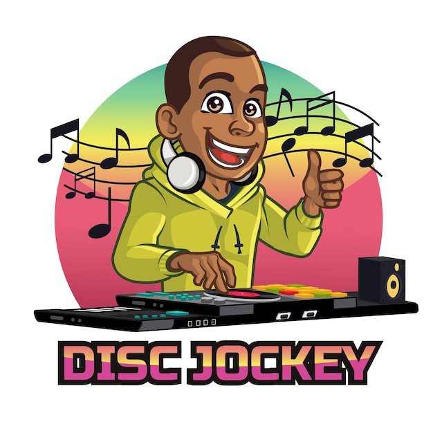 Mascota de dibujos animados de joven negro Disc Jockey