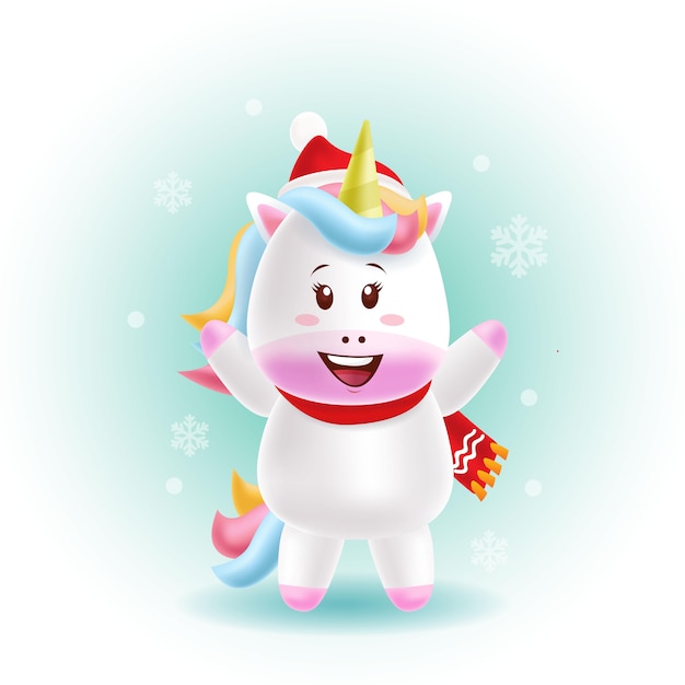 Mascota de dibujos animados lindo unicornio feliz navidad