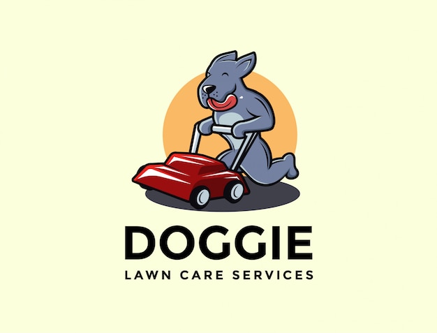 Mascota de dibujos animados de logotipo de servicios de cuidado de césped de perro