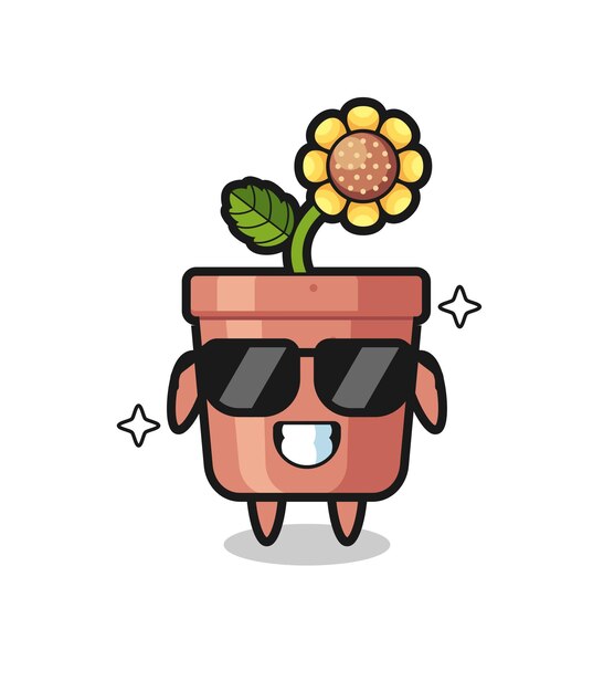Mascota de dibujos animados de maceta de girasol con gesto fresco, diseño de estilo lindo para camiseta, pegatina, elemento de logotipo
