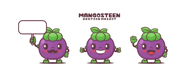 Mascota de dibujos animados de mangostán con diferentes expresiones