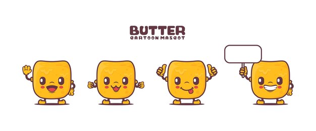 Mascota de dibujos animados de mantequilla con diferentes expresiones