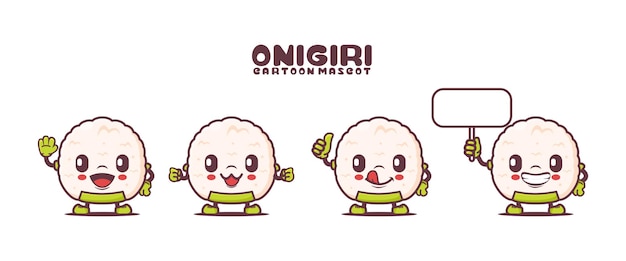 Mascota de dibujos animados Onigiri con diferentes expresiones.