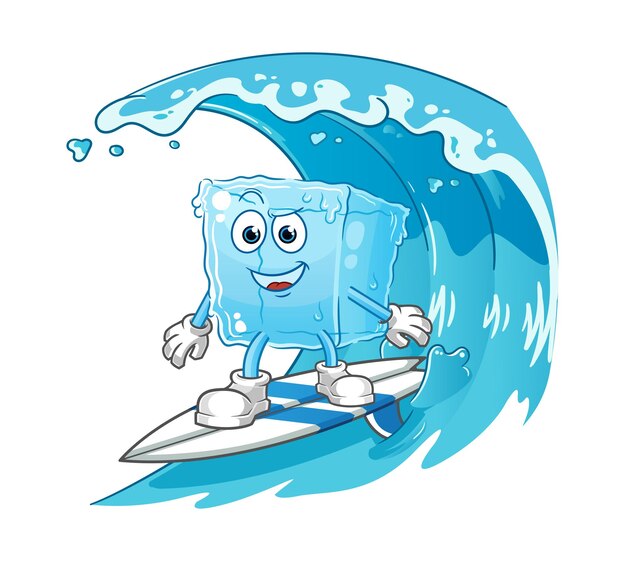 Mascota de dibujos animados de personaje de surf de cubo de hielo