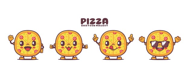 Mascota de dibujos animados de pizza con diferentes expresiones