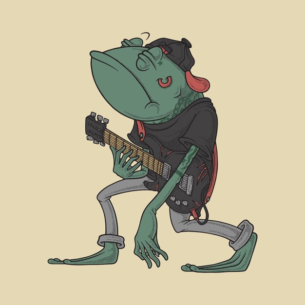 mascota de dibujos animados retro del guitarrista de rock rana