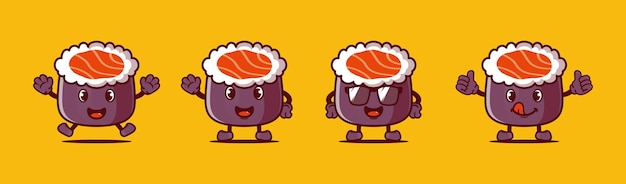 Mascota de dibujos animados de rollo de sushi de vector con diferentes expresiones