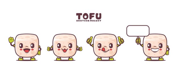 Mascota de dibujos animados de tofu con diferentes expresiones