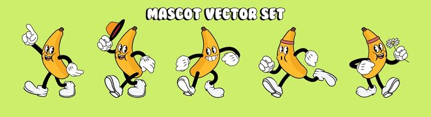 Mascota de dibujos animados vintage de plátano en diferentes poses plantilla de diseño de logotipo retro personaje cómico v