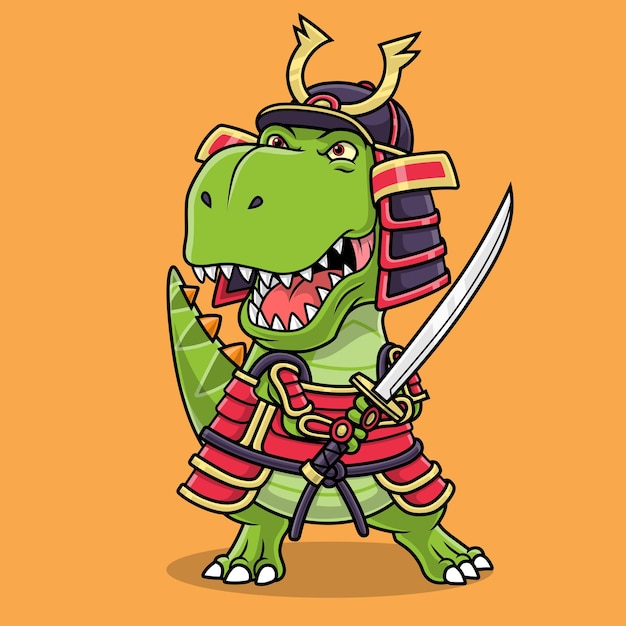 Mascota de dinosaurio samurai genial dibujado a mano