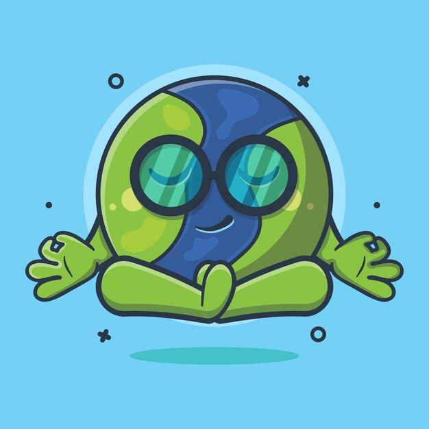 Mascota divertida del personaje de la tierra con pose de meditación de yoga dibujos animados aislados en un diseño de estilo plano