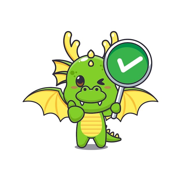 mascota del dragón personaje de dibujos animados ilustración vectorial con el signo correcto