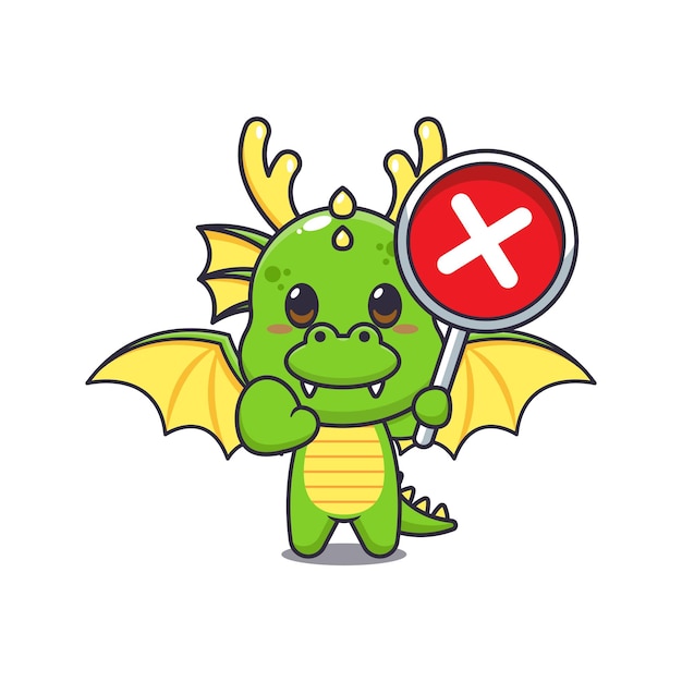 mascota del dragón personaje de dibujos animados ilustración vectorial con signo equivocado