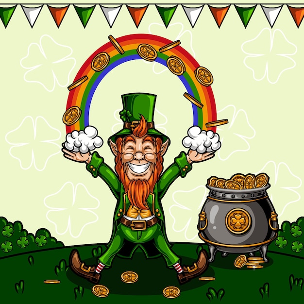 Mascota de duende del día de San Patricio con ilustración de vector de arco iris