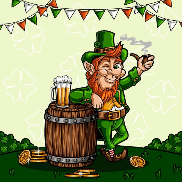 Mascota de duende del día de san patricio con ilustración de vector de barril de cerveza