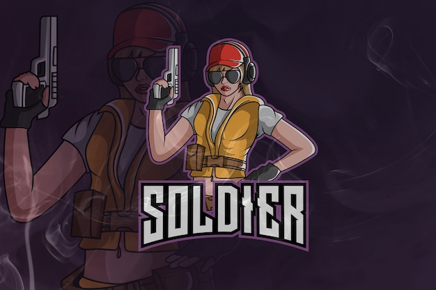 Mascota del ejército de soldado femenino y logotipo de Esport