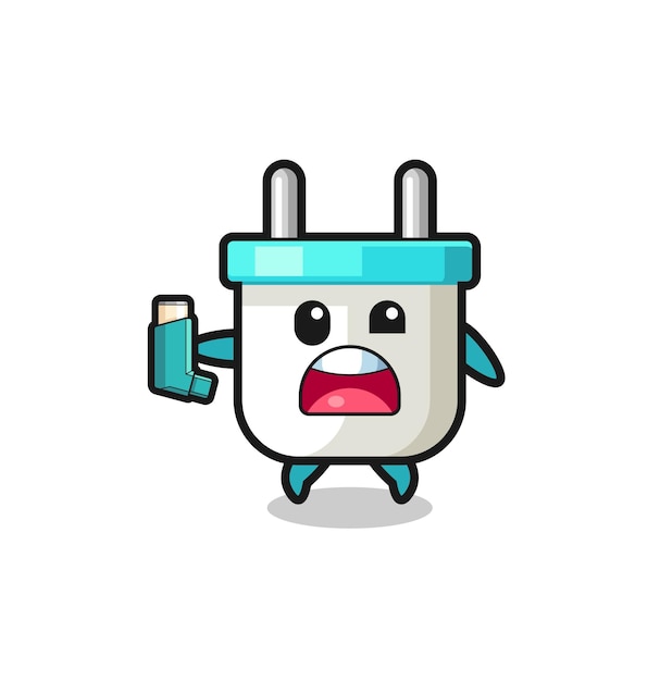 Mascota de enchufe eléctrico que tiene asma mientras sostiene el lindo diseño del inhalador