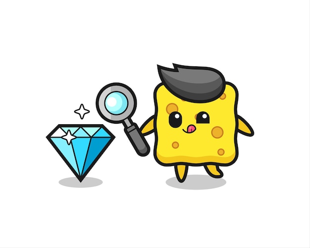 La mascota de la esponja está comprobando la autenticidad de un diamante, diseño de estilo lindo para camiseta, pegatina, elemento de logotipo