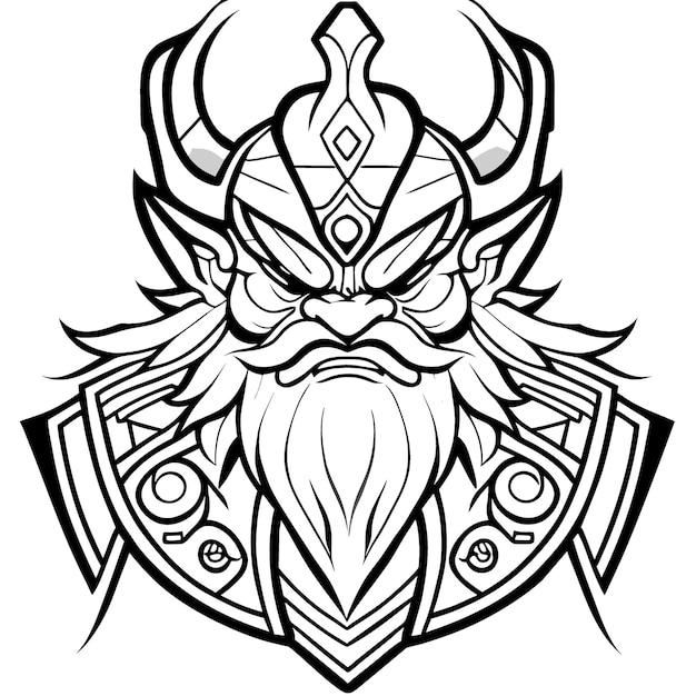 mascota esport emperador mongol asiático tatuaje líneas gruesas ilustración vectorial negra arte lineal