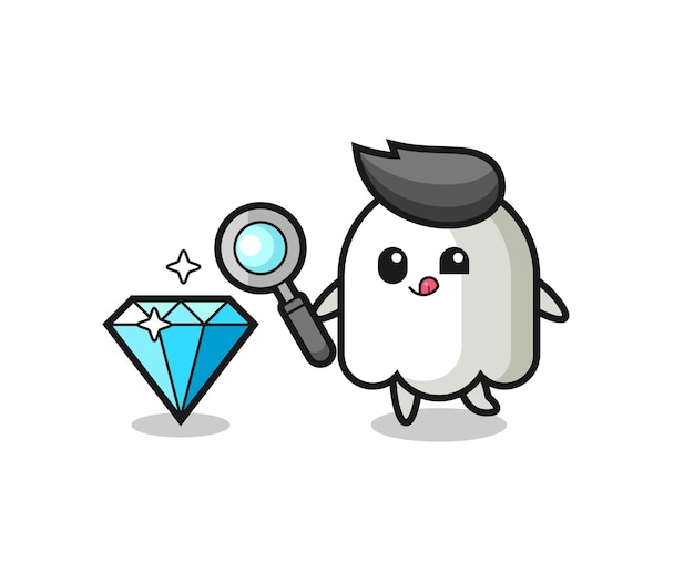 La mascota fantasma está comprobando la autenticidad de un diamante, diseño de estilo lindo para camiseta, pegatina, elemento de logotipo