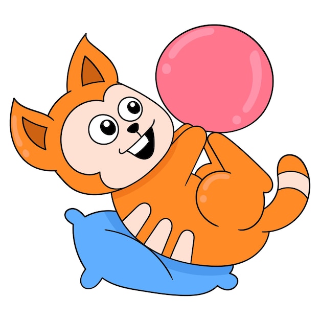 Mascota gato jugando con globos doodle icono imagen kawaii