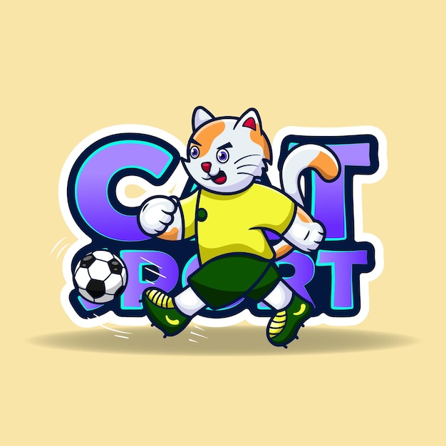 Mascota de gato pateando una pelota ilustración vectorial de un gato deportivo