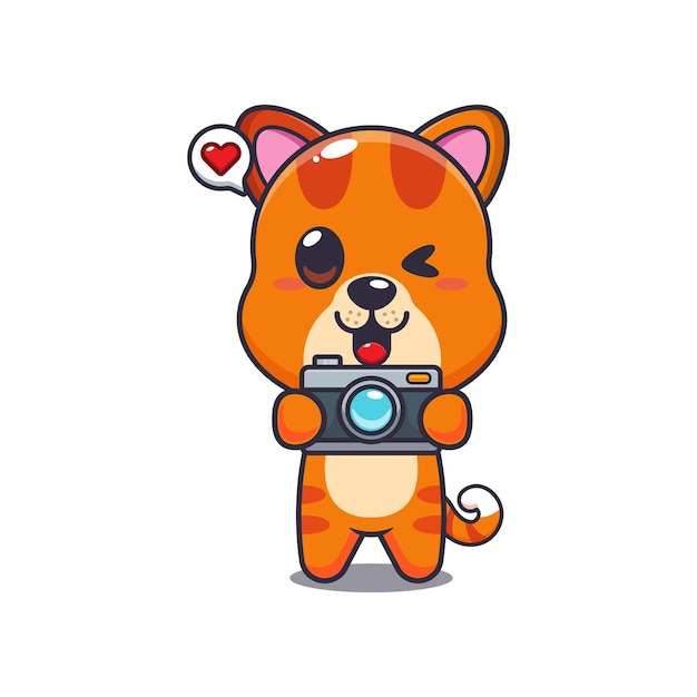 mascota de gato personaje de dibujos animados ilustración vectorial con cámara