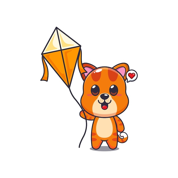 mascota de gato personaje de dibujos animados ilustración vectorial jugando cometa