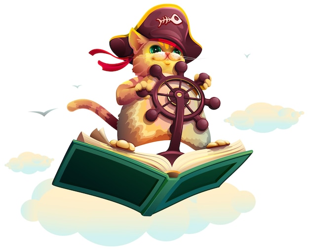 Mascota gato pirata mosca libro abierto ilustración Lectura sueño vuelo viaje feliz infancia concepto